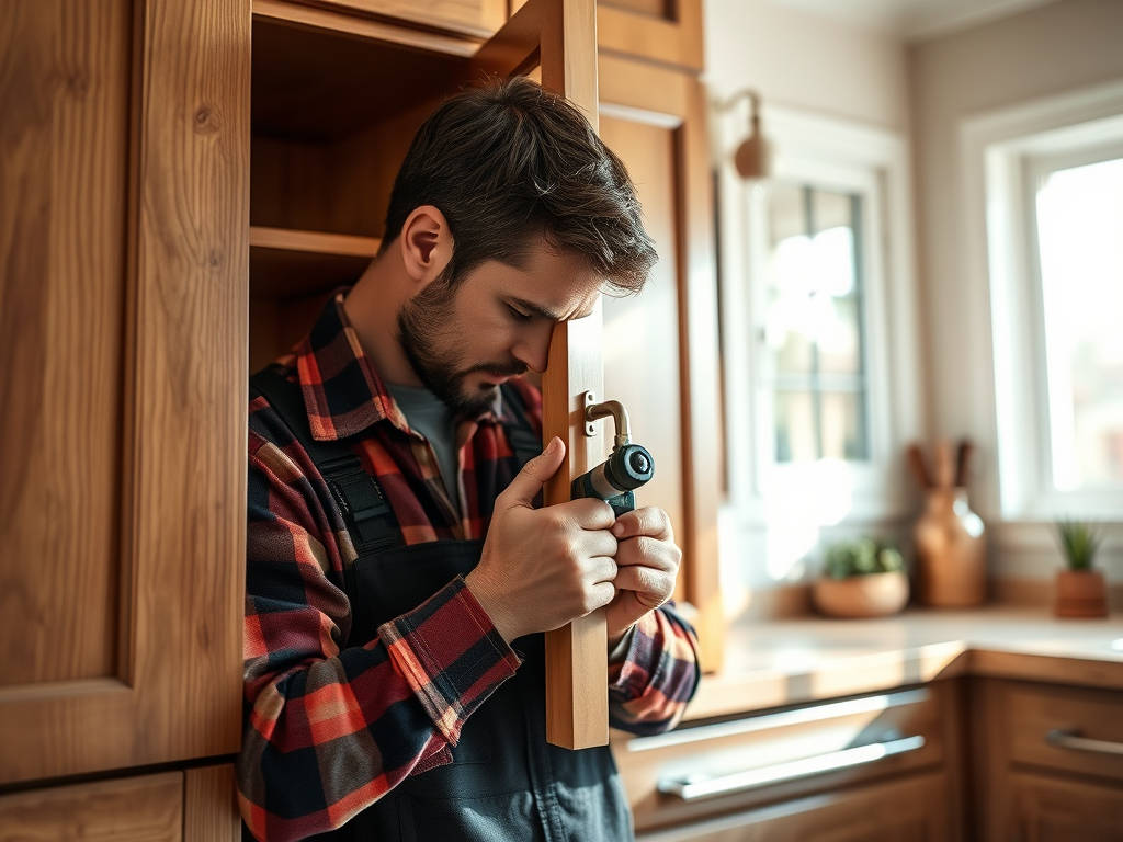 Professional technician performing furniture assembly services on a wooden desk.