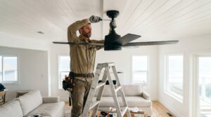 Handyman using a cordless screwdriver to install a ceiling fan mounting bracket to an electrical box