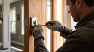 Handyman using a cordless drill to install a deadbolt lock on a wooden entry door