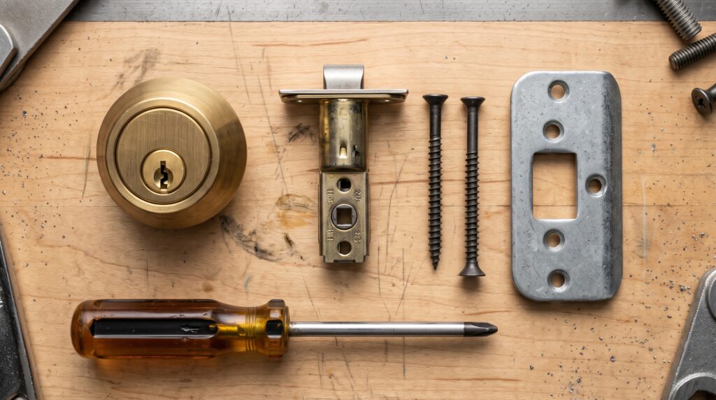 Diagram showing cylinder, strike plate, and 3-inch security screws to install a deadbolt lock