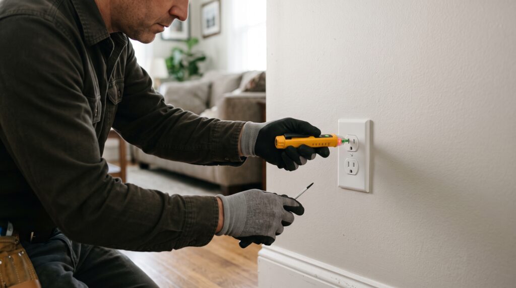 Handyman using a non-contact voltage tester before choosing to replace an electrical outlet