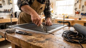 Handyman using a spline roller tool to repair a window screen on a workbench
