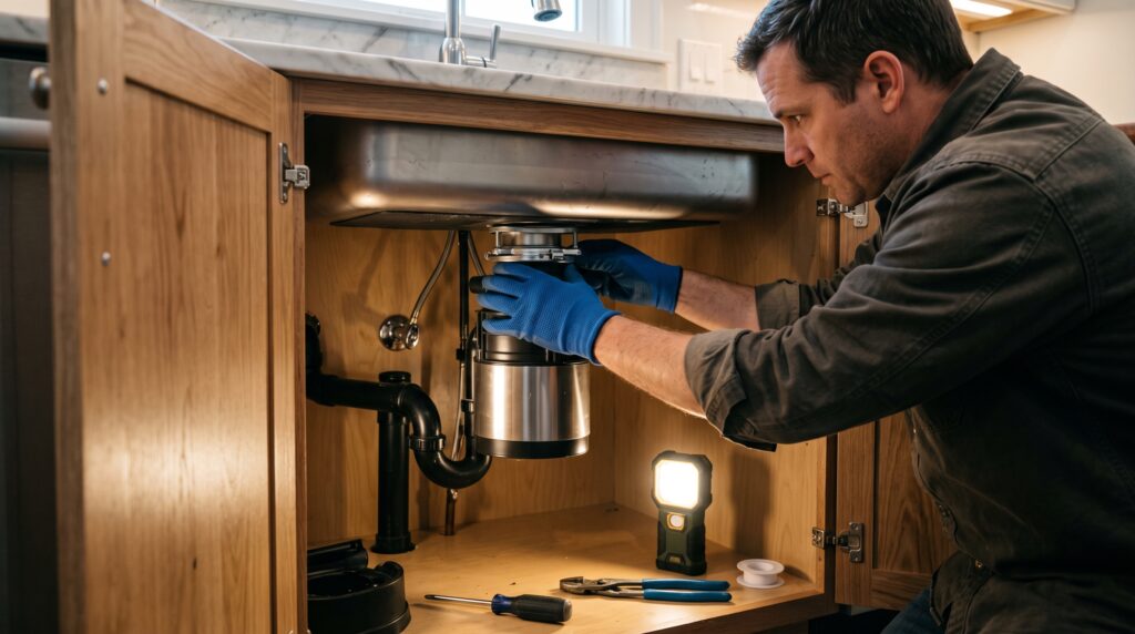 Handyman under a kitchen sink using tools to replace a garbage disposal