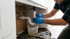 Handyman using a bucket and pliers under a bathroom vanity to clear a clogged sink drain