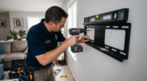 Handyman using a level and cordless drill to mount a tv on the wall into wood studs