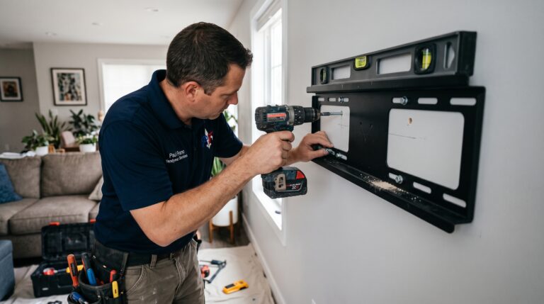 Handyman using a level and cordless drill to mount a tv on the wall into wood studs