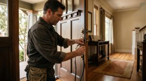 Handyman installing self-adhesive silicone seal to weatherstrip doors and windows