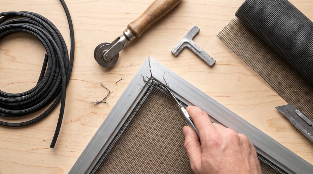 Diagram showing spline groove, rolling tool, and mesh tension to repair a window screen